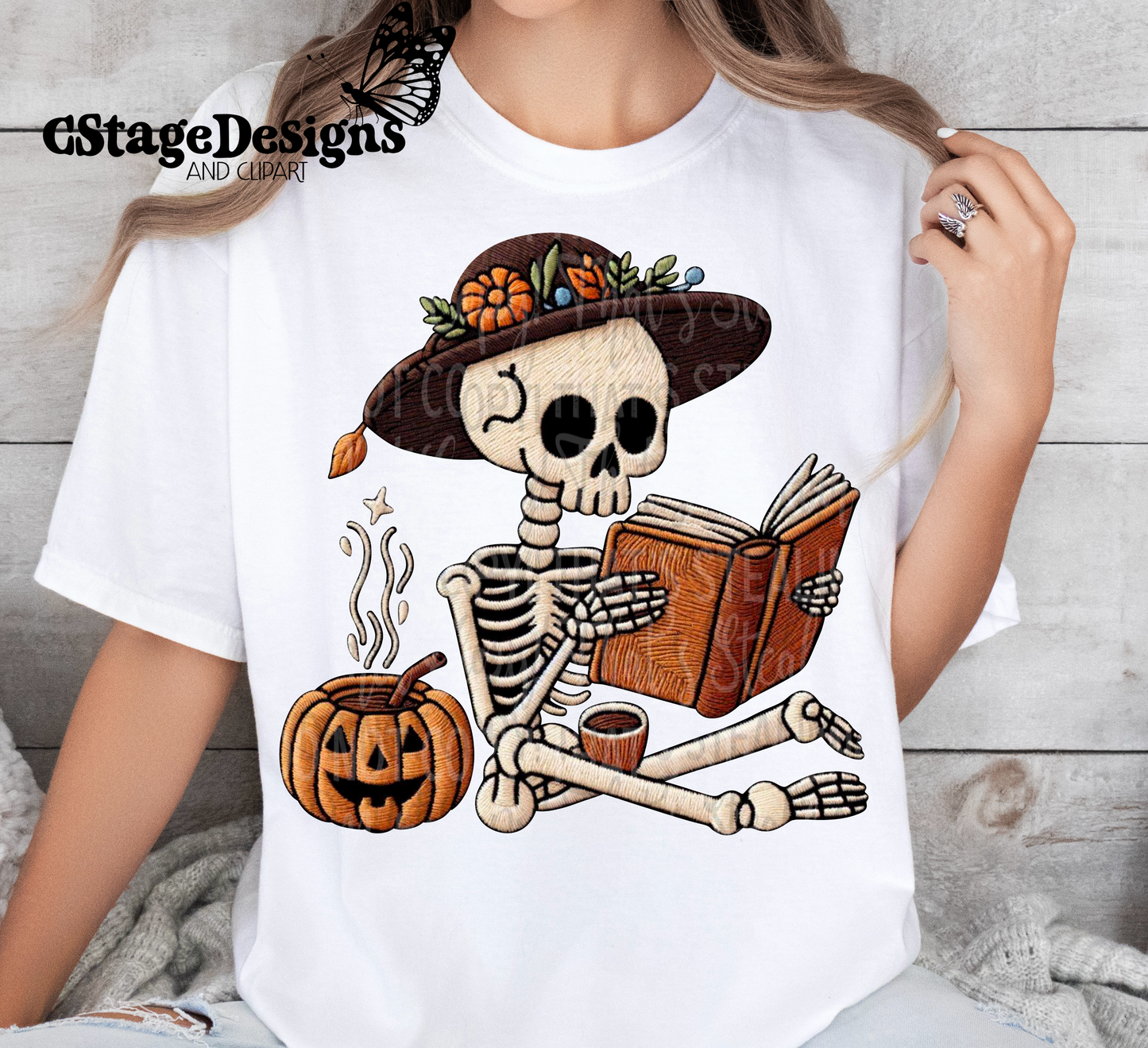 Embroidered book lover Skellie digital image png