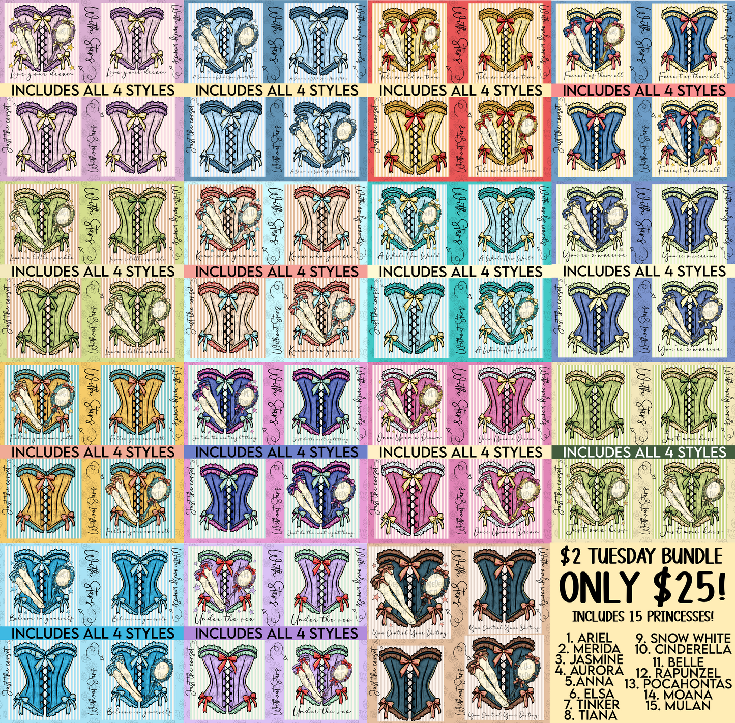 $2 Tuesday Bundle (15 Princesses, 4 different styles, you can remove the font if needed) digital images png