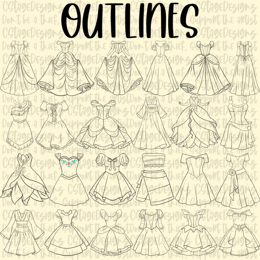Princess Dresses Clipart Bundle Digital Images PNG