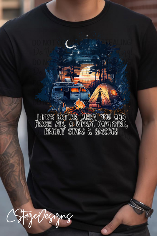 Life's better when you add fresh air, a warm campfire, bright stars & smores" Digital Image PNG