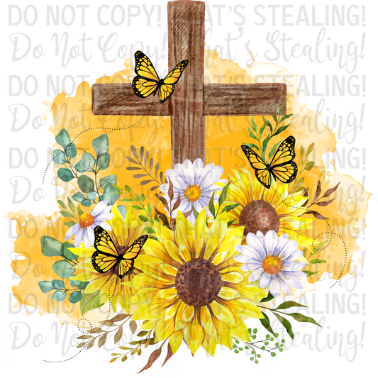 Sunflower Cross & Butterflies Digital Image PNG